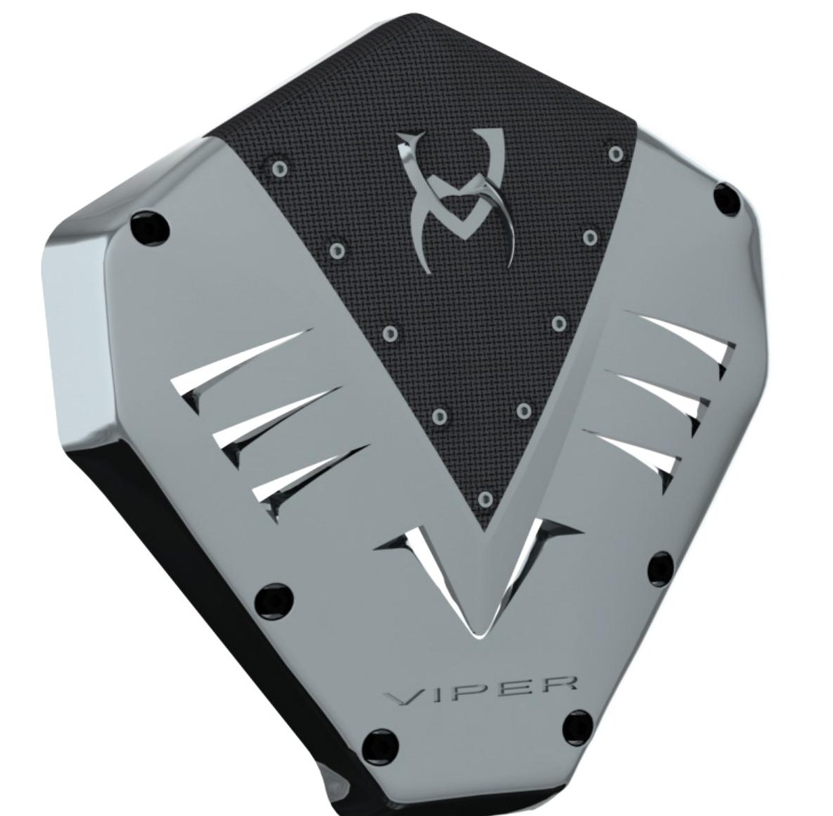 Viper motorcycle cam cover — chrome and carbon fiber, concept to production render